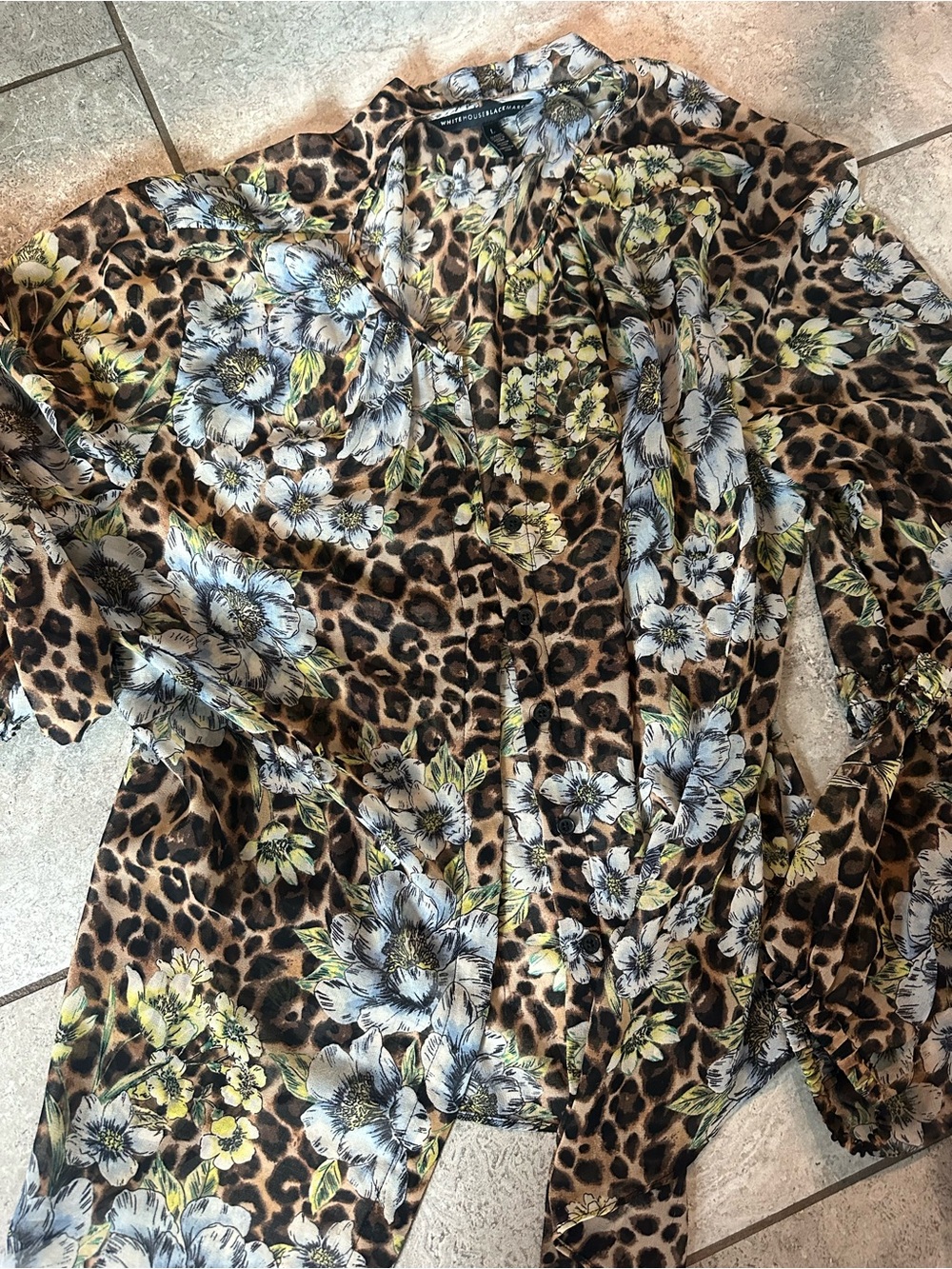 WHBM Floral Sheer Leopard Print Blouse Large Brown Blue - Picture 6 of 6